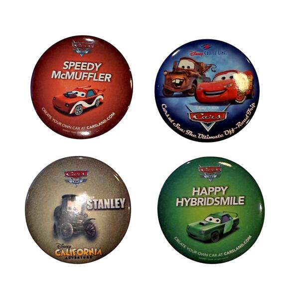 Vintage Lot (4) Disney CARS McQueen McMuffler Stanley Hybridsmile Button Pinback - Picture 1 of 4